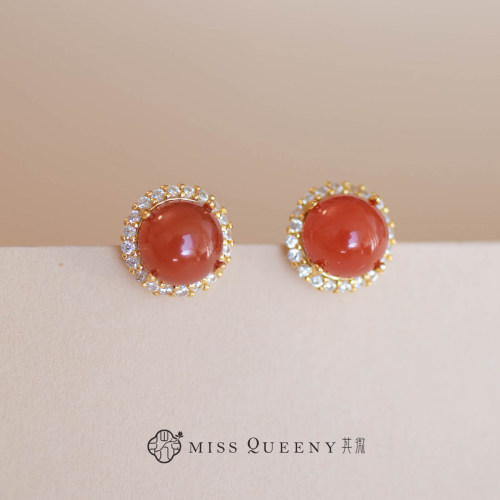 MissQueeny其微|原矿南红蛋面满钻耳钉纯银精致新中式