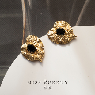 MissQueeny奎妮小姐|年年有余榆钱叶耳钉联名款纹理复古黑玛瑙