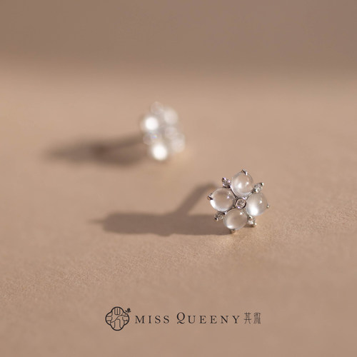 MissQueeny其微|18k金高冰翡翠蛋面花花耳钉钻石时尚气质简约