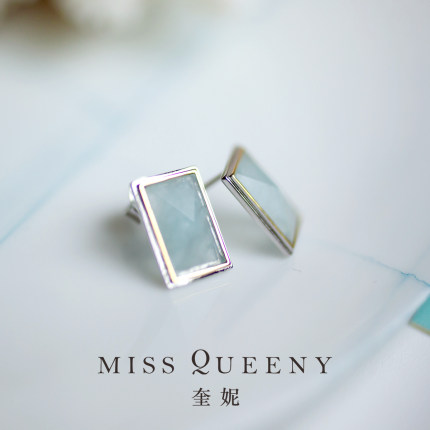 Miss Queeny奎妮小姐｜立体方块天然海蓝宝石925纯银耳钉通勤优雅