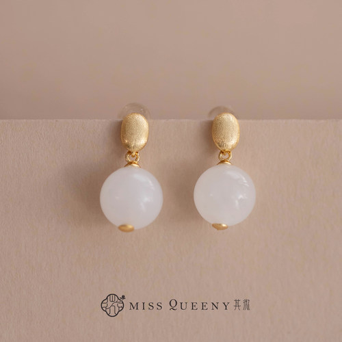 MissQueeny其微|白玉圆珠耳坠纯银镀金简约新中式国风气质