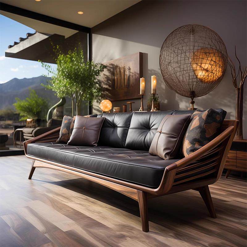 2025新款高端黑胡桃木实木直排沙发别墅会所客厅三人四人位沙发