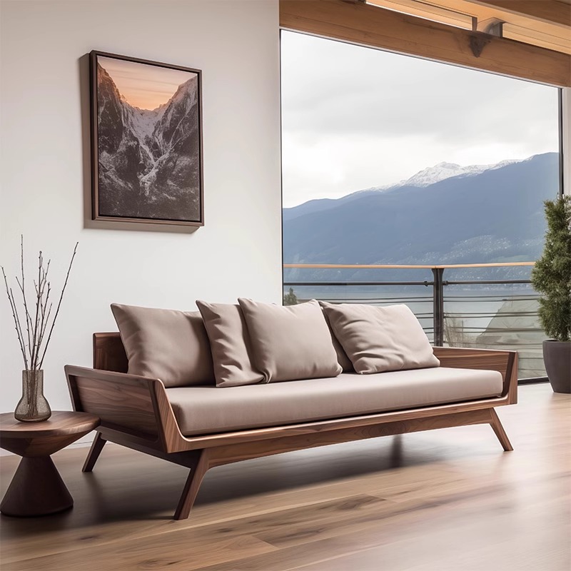 2025新款高档黑胡桃木直排沙发办公室小户型客厅皮艺罗汉床沙发