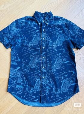RL复古RALPH LAURE印花蓝色短袖夏威夷衬衫