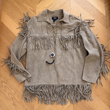 RRL早期90S超重磅复古西部流苏翻毛牛皮套头夹克皮衣外套