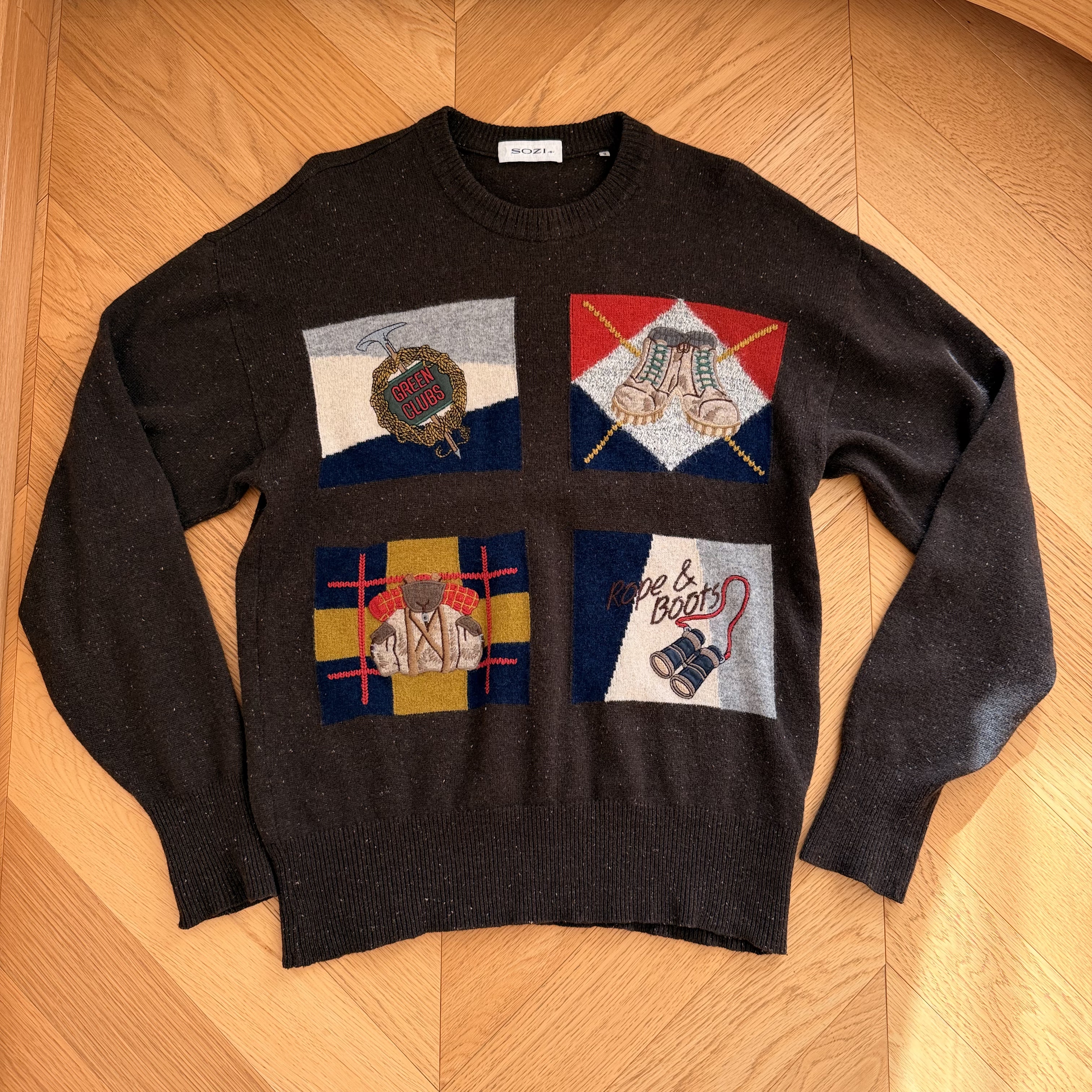 SOZI美式复古登山刺绣羊毛混纺套头毛衣针织衫