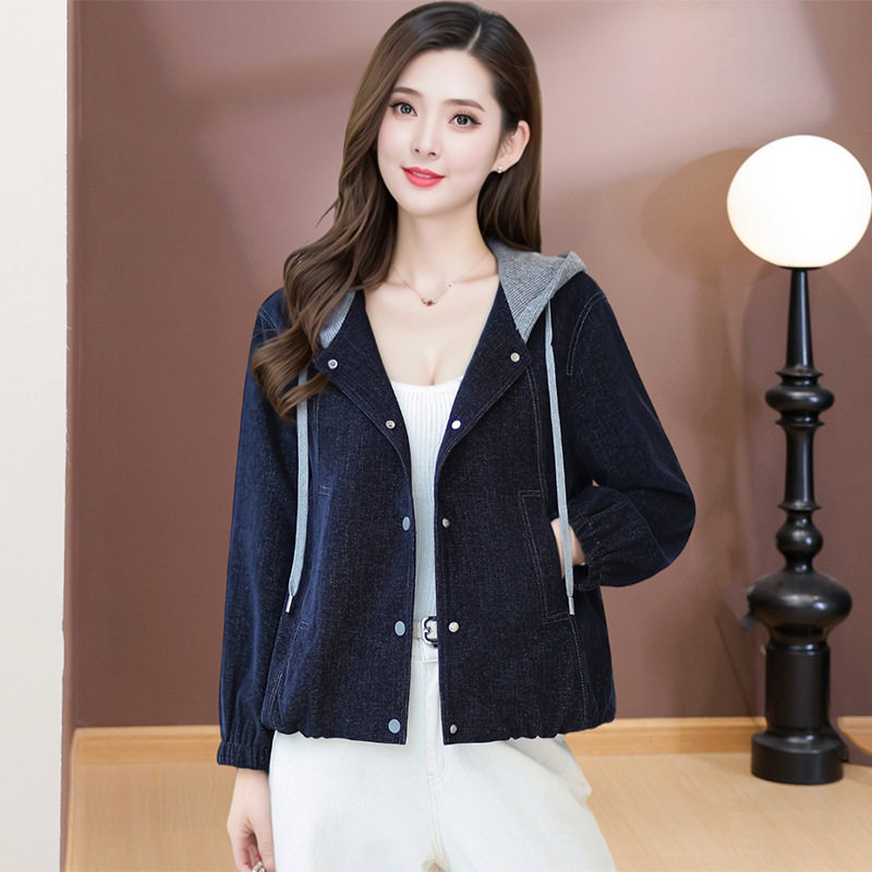 中青年女装拼接春装上衣连帽2026时尚休闲牛仔外套短款中年妈妈装