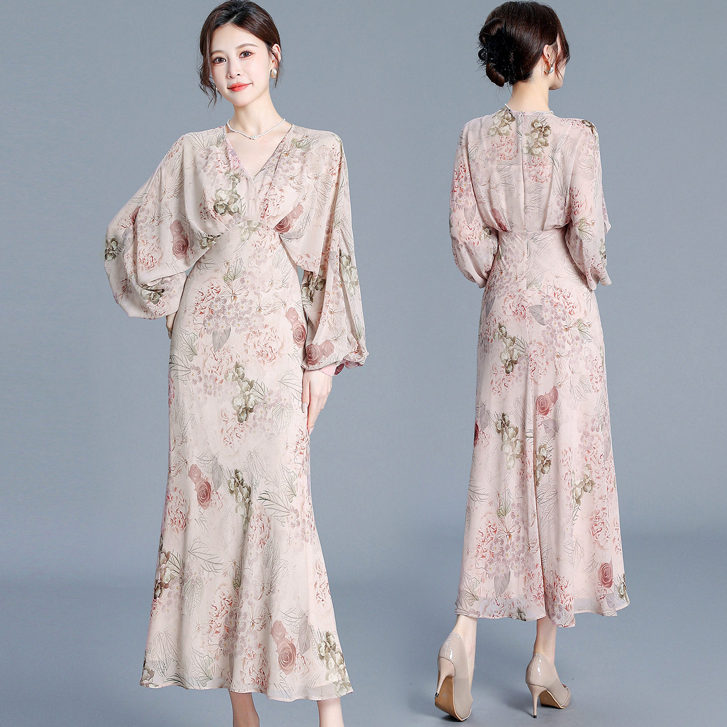 2026夏季新款雪纺新中式提花收腰显瘦灯笼袖女装长袖连衣裙过膝裙