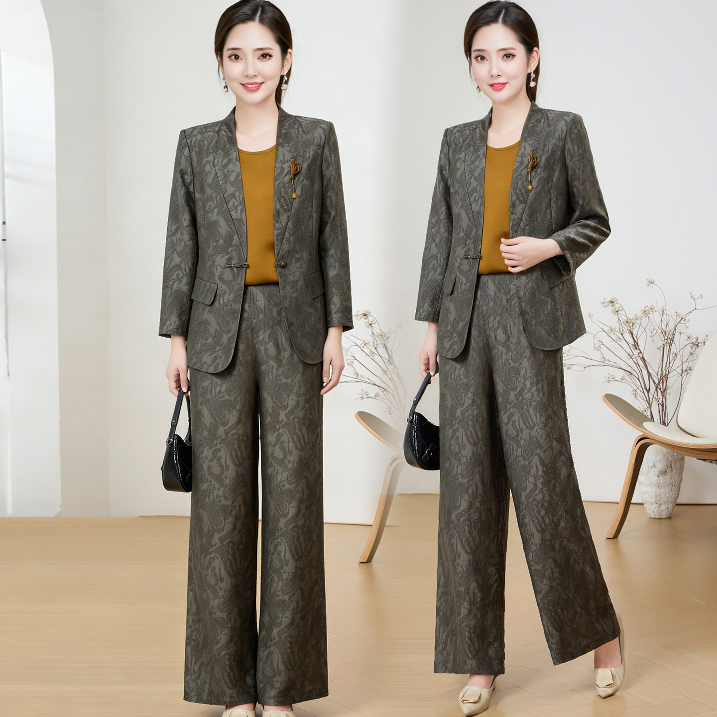 中青年女装时尚三件套裤2026春秋季新款小西服内搭阔腿裤上下套装