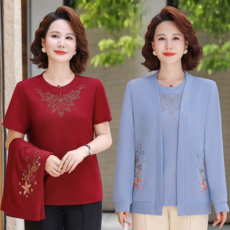 秋季新款妈妈时尚套装针织外套中老年女春秋款洋气开衫上衣两件套