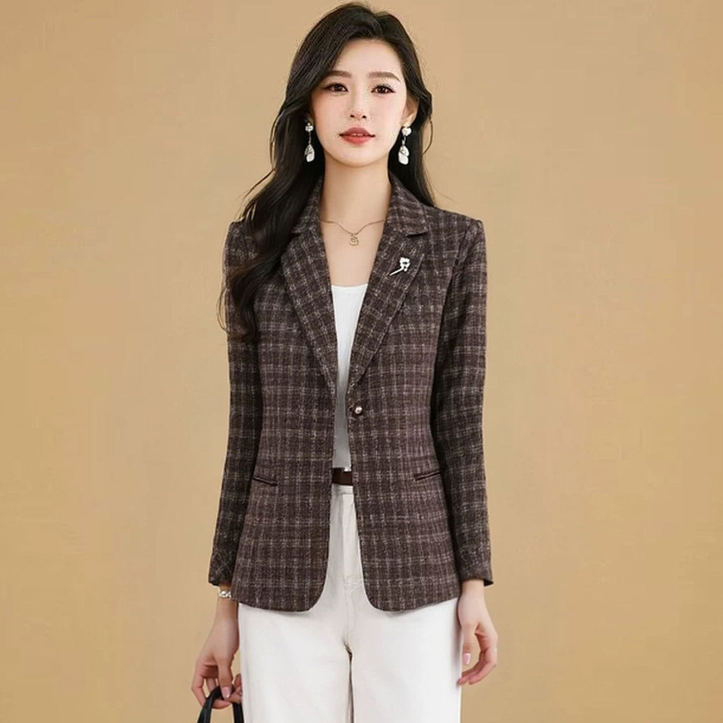 2026春秋季新款复古格纹小西装外套短款中青年女装显瘦西服小个子