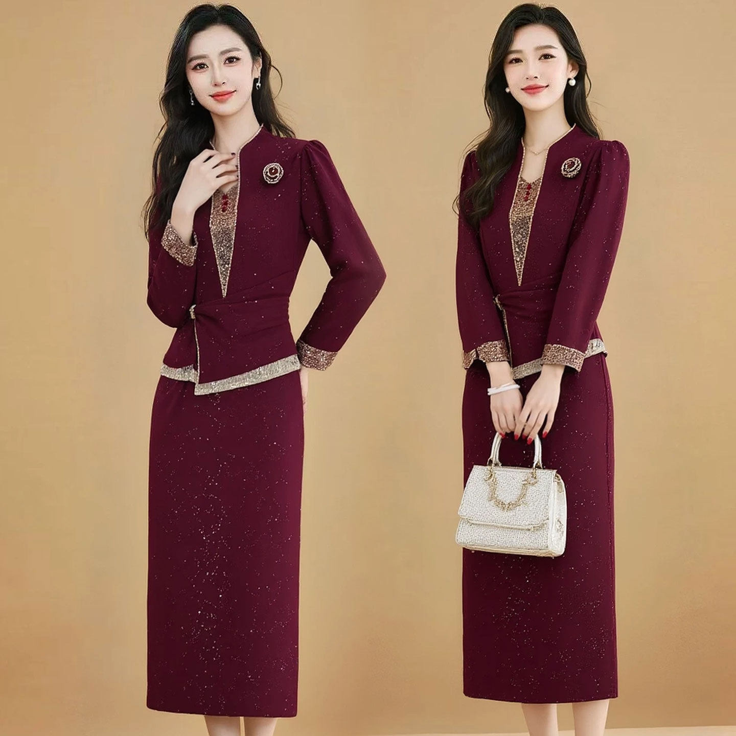 2026秋季新款中老年女装长袖连衣裙婚宴喜婆婆装显瘦气质礼服裙子