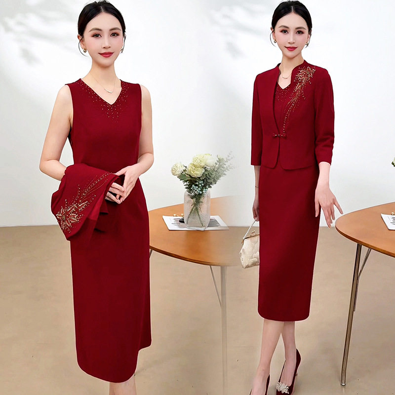 2026春季新款时尚端庄中青年女装外套无袖连衣裙两件套妈妈装套装