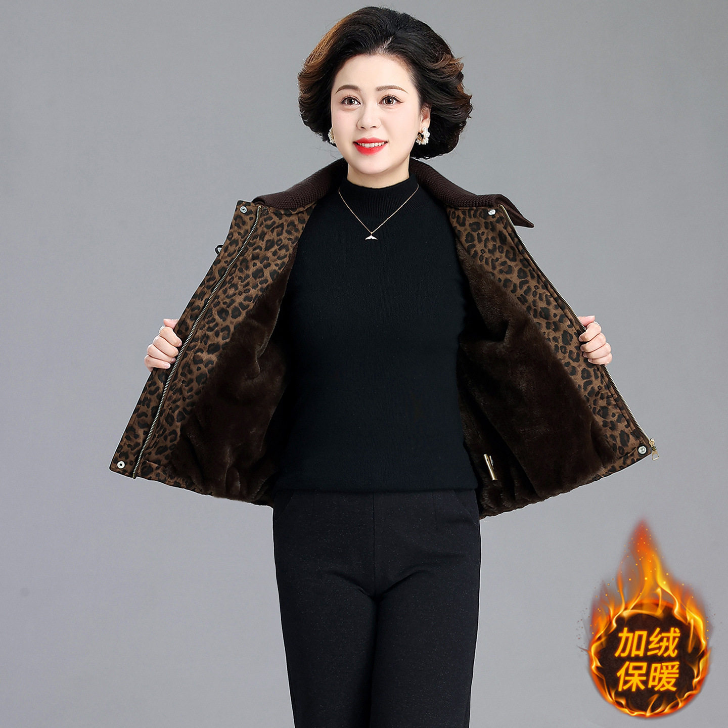 婆婆妈妈秋冬季时尚豹纹外套显瘦夹克中老年女士洋气百搭翻领夹克