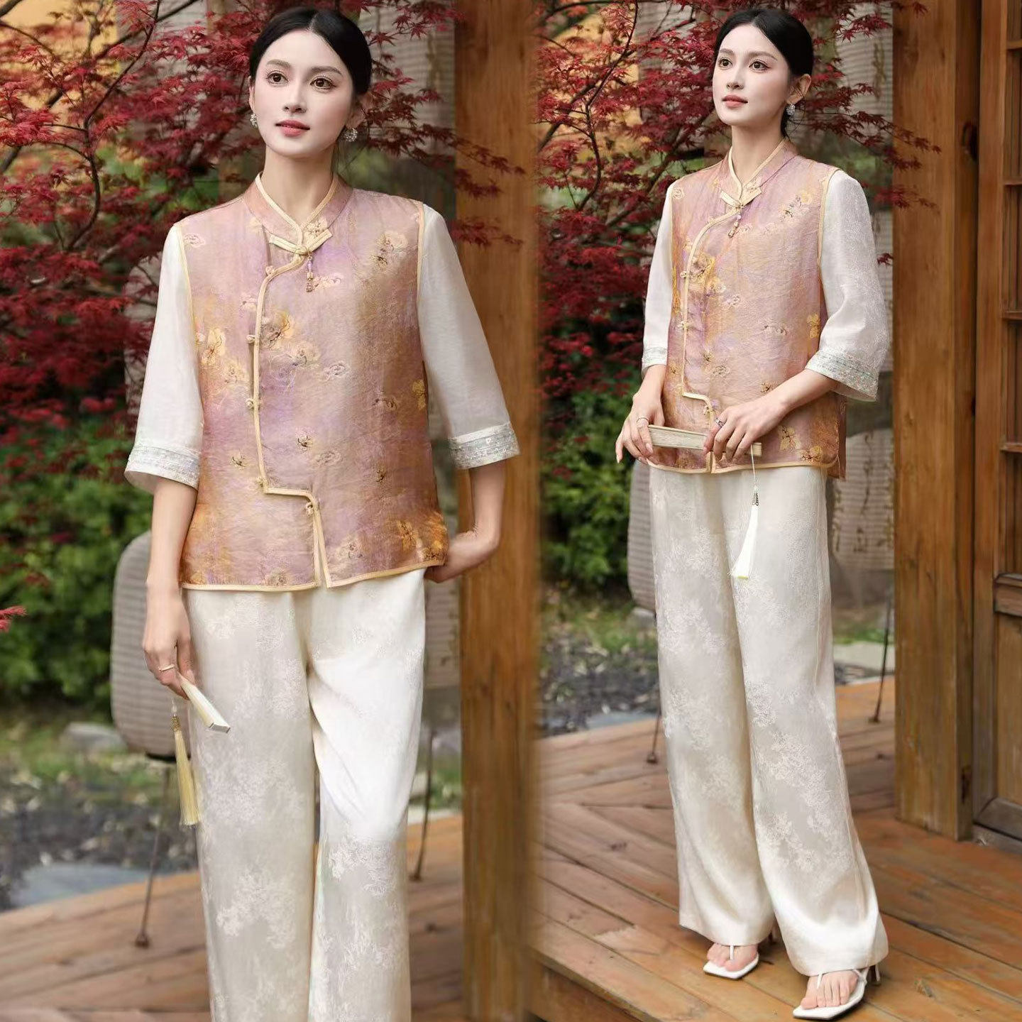 新中式妈妈春夏装套装中青年女装洋气国风马甲长袖衫阔腿裤三件套