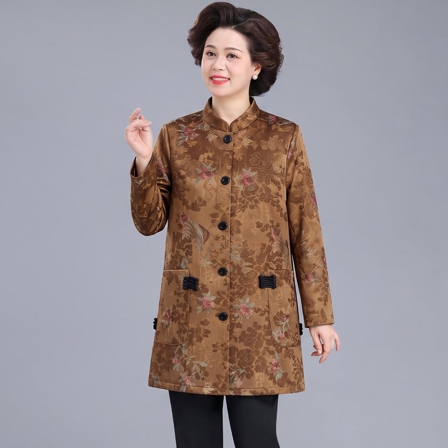 新中式提花立领外套中长款中老年妈妈女春秋宽松气质开衫风衣大衣