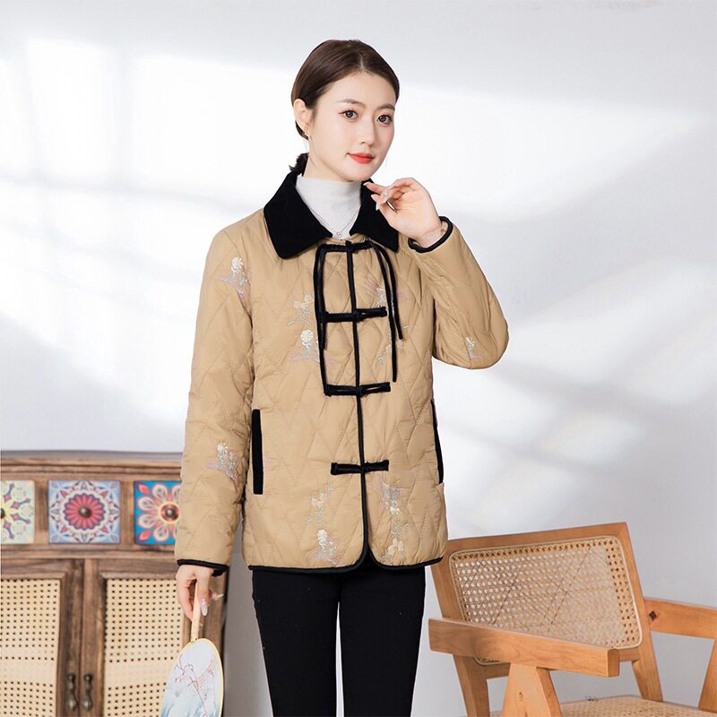 中老年女士冬季保暖短棉服加厚绣花盘扣设计优雅大方显瘦舒适外套