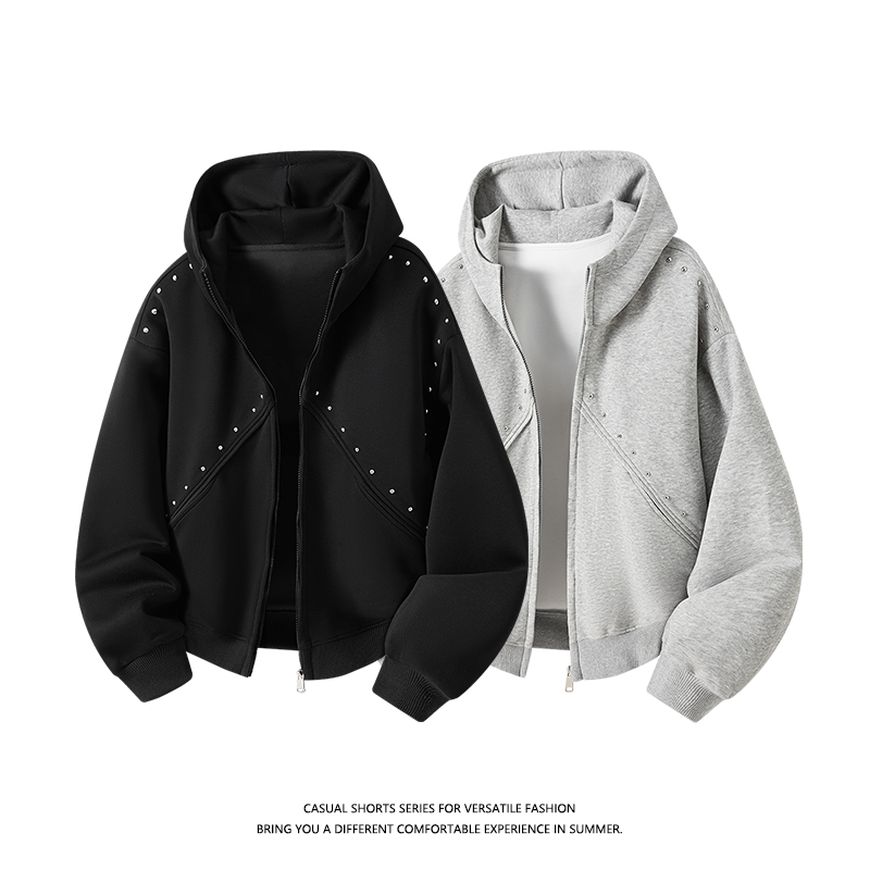 优续2025美式铆钉卫衣连帽开衫男女秋季重磅解构分割小众夹克外套