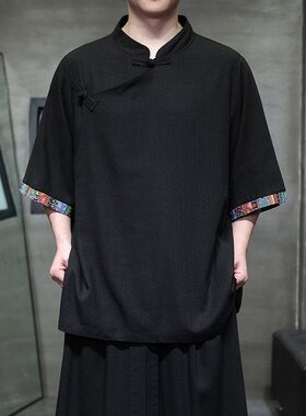 新中式国风斜襟盘扣亚麻拼色中山装中袖衬衫外套CS73-P68控88