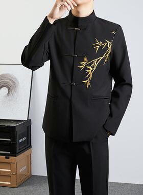 国风刺绣新中式夹克男装垫肩飞机扣中山装感春秋立领西服唐装