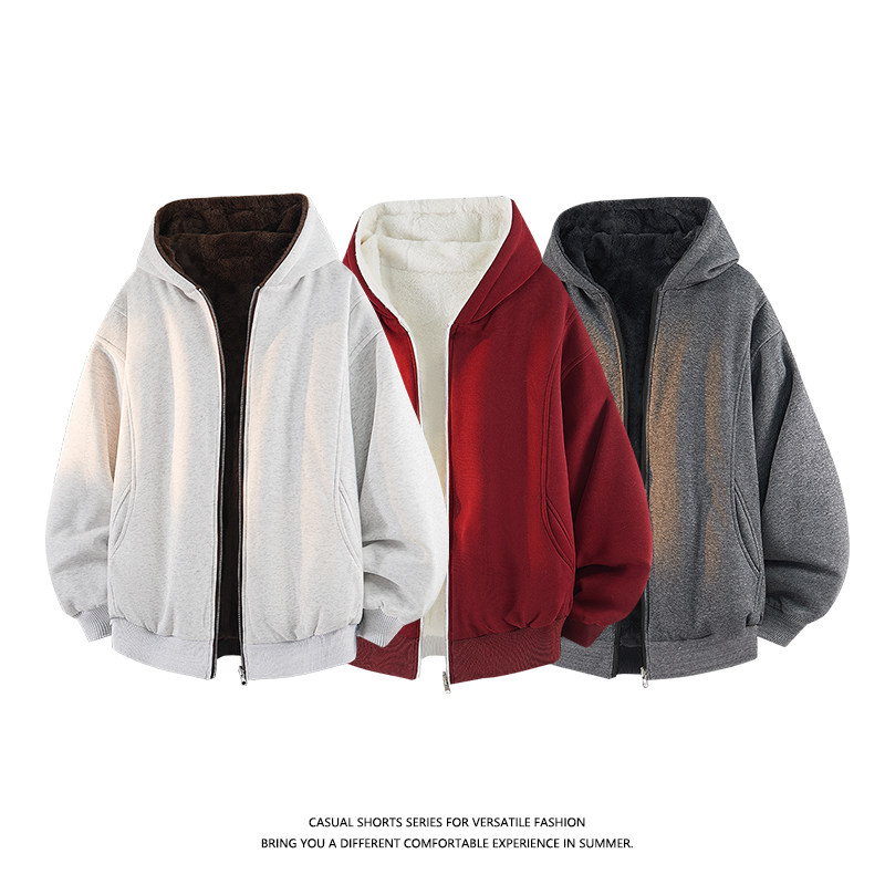 优续双面穿夹克男2025冬季新款加绒加厚保暖连帽开衫外套