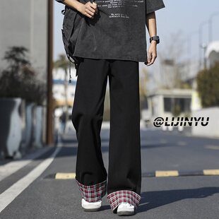 控价89美式复古格子卷边牛仔裤男潮牌宽松直筒百搭保暖休闲长裤子