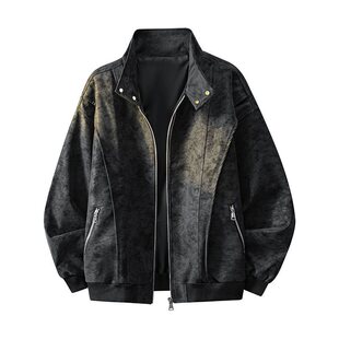 皮衣翻领宽松夹克 潮流休闲外套潮牌复古美式 新款 皮衣男士