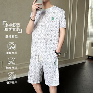 长裤 套装 碎花套装 时尚 潮流宽松薄款 印花冰丝短袖 夏季 2025新款 男士
