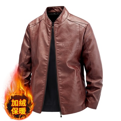 秋冬季新款男士加绒加厚保暖机车PU皮衣倒三角外套纯色立领修身帅