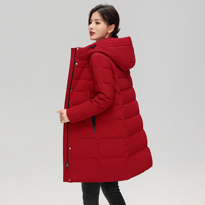 波斯顿羽绒服女款加厚中长款中国红波士顿官方旗舰店正品中年女士