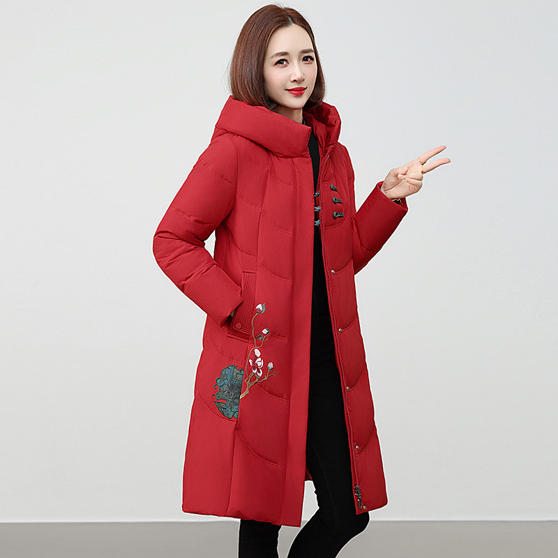 波斯顿鹅绒服女款过膝中长款波士顿官方旗舰店修身中国红色羽绒服