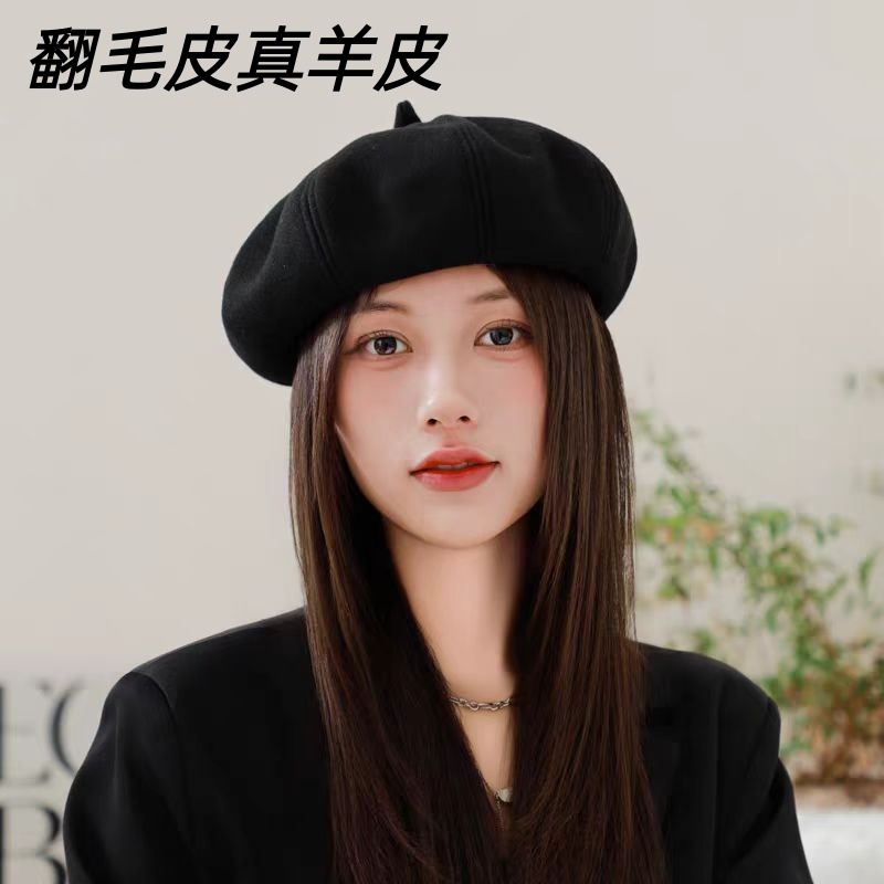 真皮帽子复古港风羊皮八角帽贝雷帽女秋冬新款渔夫帽盆帽百搭潮