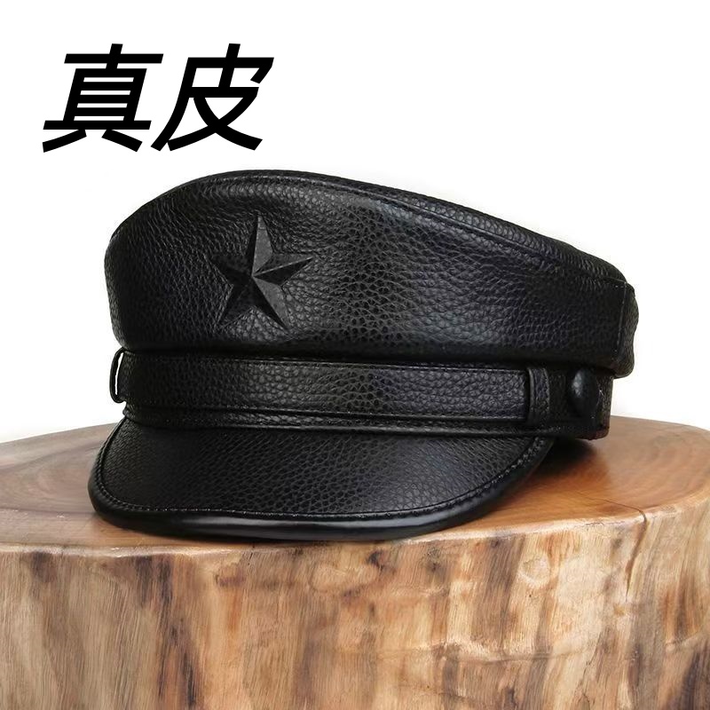 真皮帽子新款男士休闲平顶帽头层牛皮鸭舌帽保暖机车五角星秋冬季