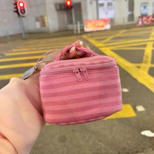 新款粉色条纹化妆包带镜子外出便携小型大容量立体不塌可爱手提包