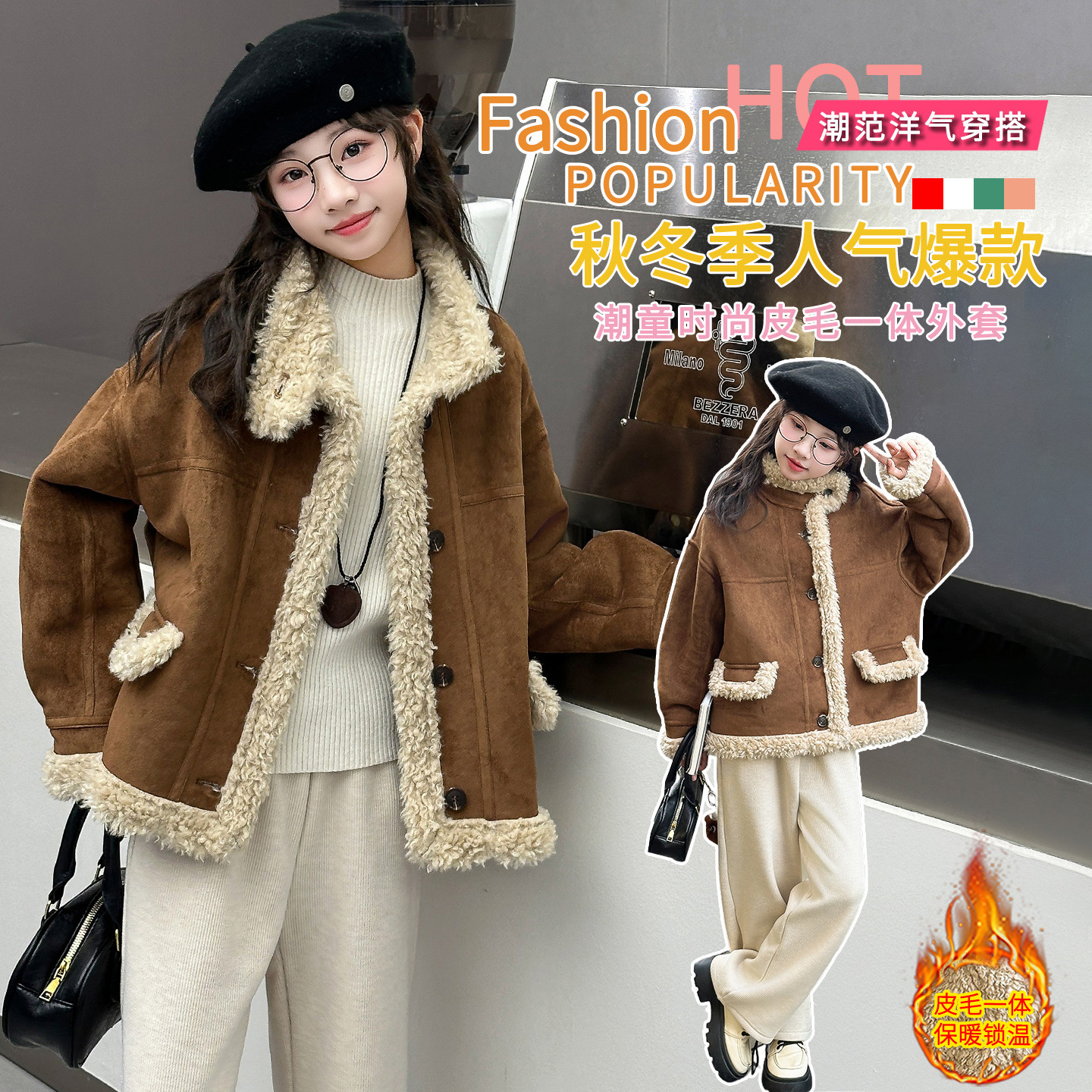 女童加绒外套皮毛一体中大童