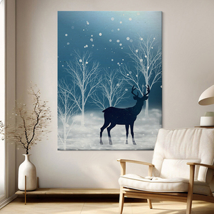 北欧风麋鹿森林装 饰画免打孔书房客厅无框画可定制防水