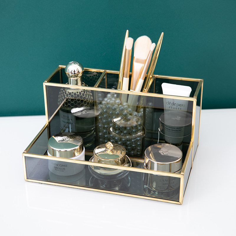高档轻奢化妆品收纳盒桌面玻璃化妆笔刷筒卧室香水护肤品收纳盒