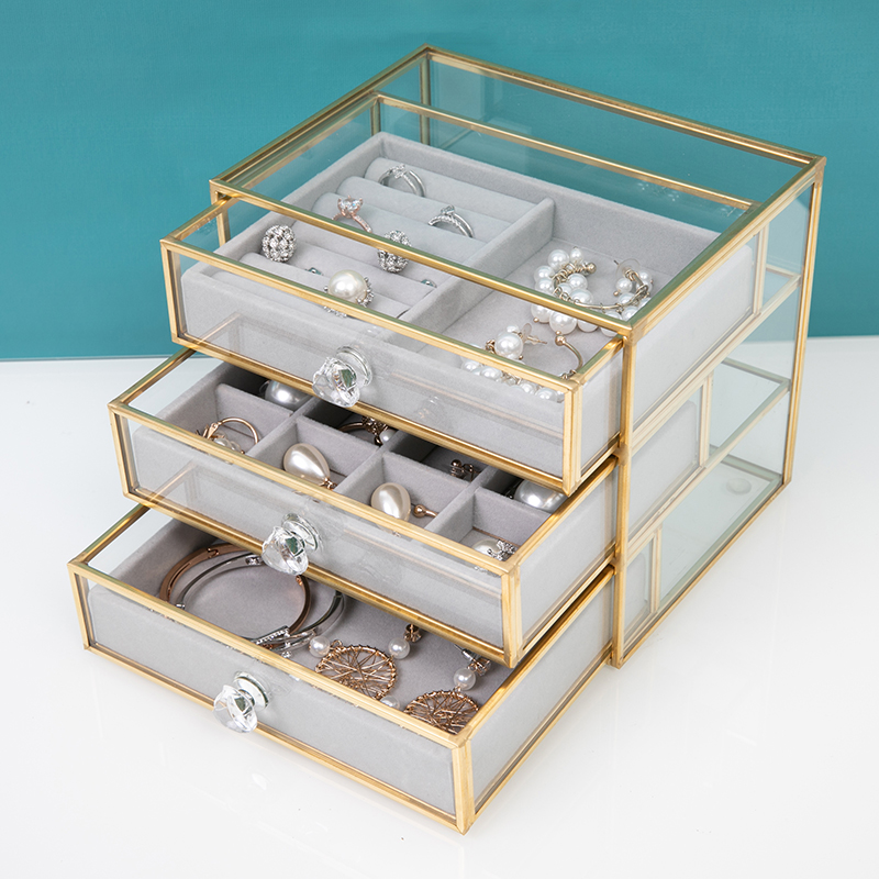 桌面玻璃抽屉式大容量防尘首饰盒