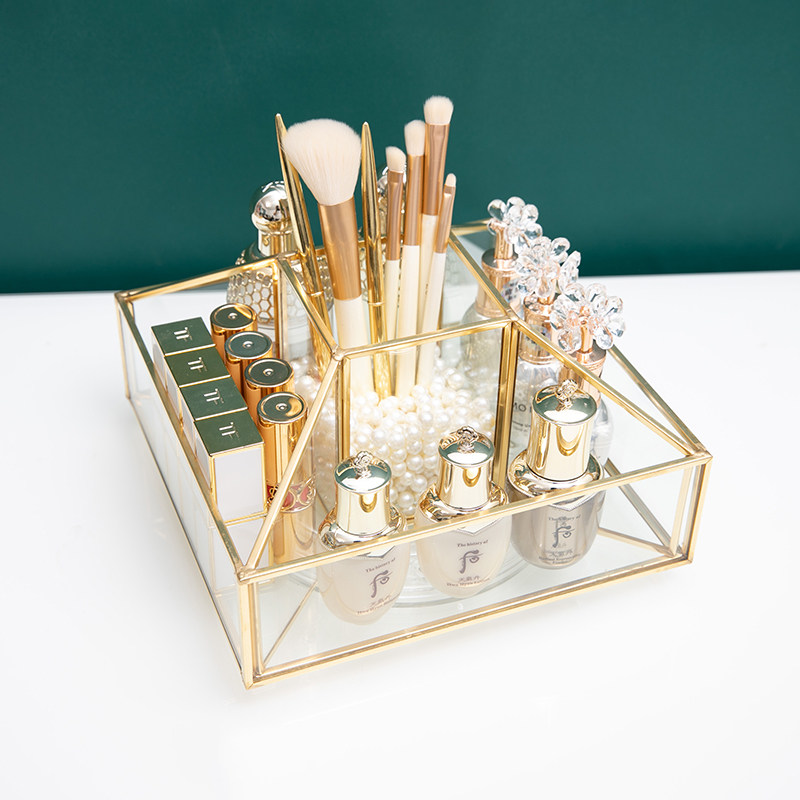 轻奢高档玻璃化妆品收纳盒旋转梳妆台桌面护肤品笔刷置物架大容量