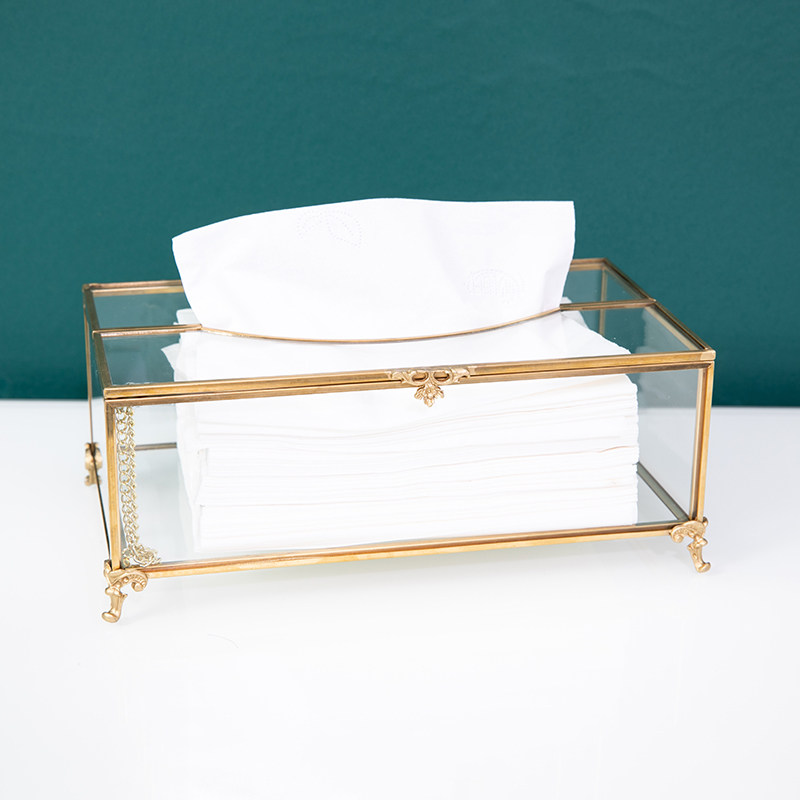 创意复古黄铜玻璃纸巾盒客厅茶几桌面抽纸盒酒店餐厅纸巾收纳盒