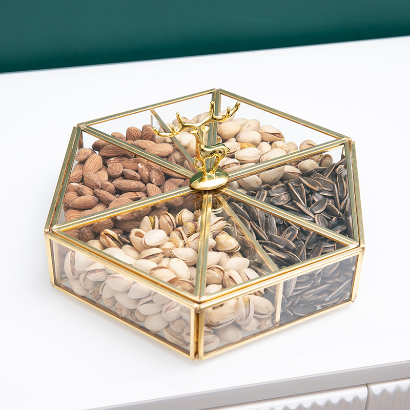 轻奢高档家用客厅干果盘分格创意带盖玻璃糖果盒瓜子坚果零食收纳
