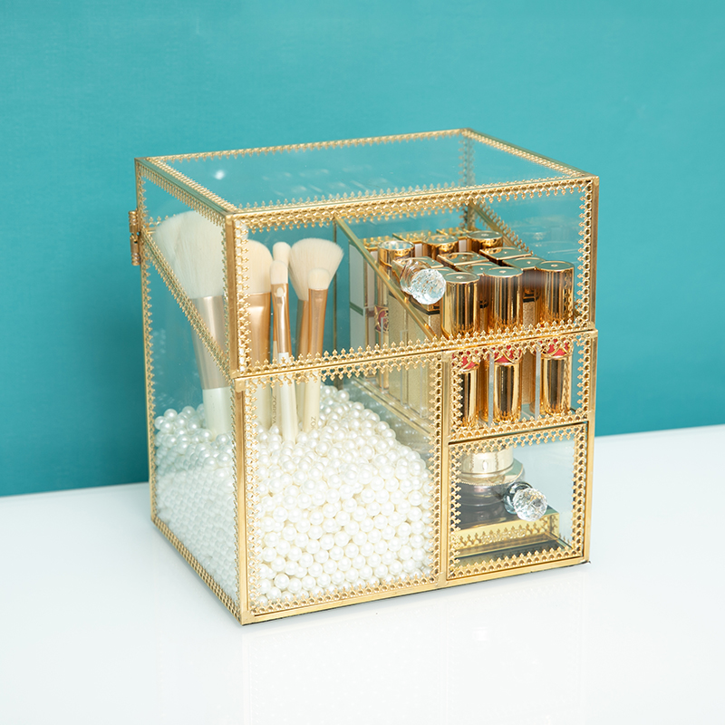 欧式翻盖防尘玻璃笔刷抽屉收纳盒