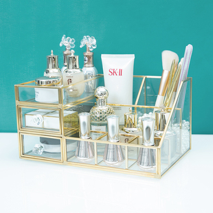 高级梳妆台桌面化妆品收纳盒透明玻璃笔刷筒金边美甲工具置物盒