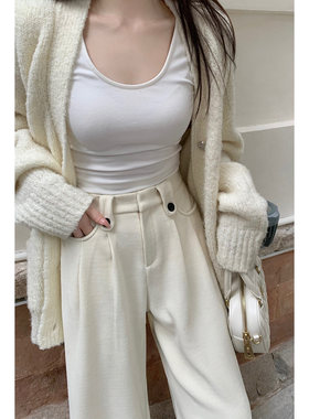 米白色秋冬慵懒松弛感女宽松休闲垂感高腰显瘦灯芯绒阔腿拖地长裤