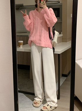 白色灯芯绒裤女加绒秋冬高腰直筒显瘦宽松垂感阔腿雪尼尔拖地长裤