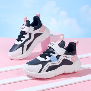 正品新款ABC童鞋女童秋季网面透气中大童黑色皮面跑步运动鞋
