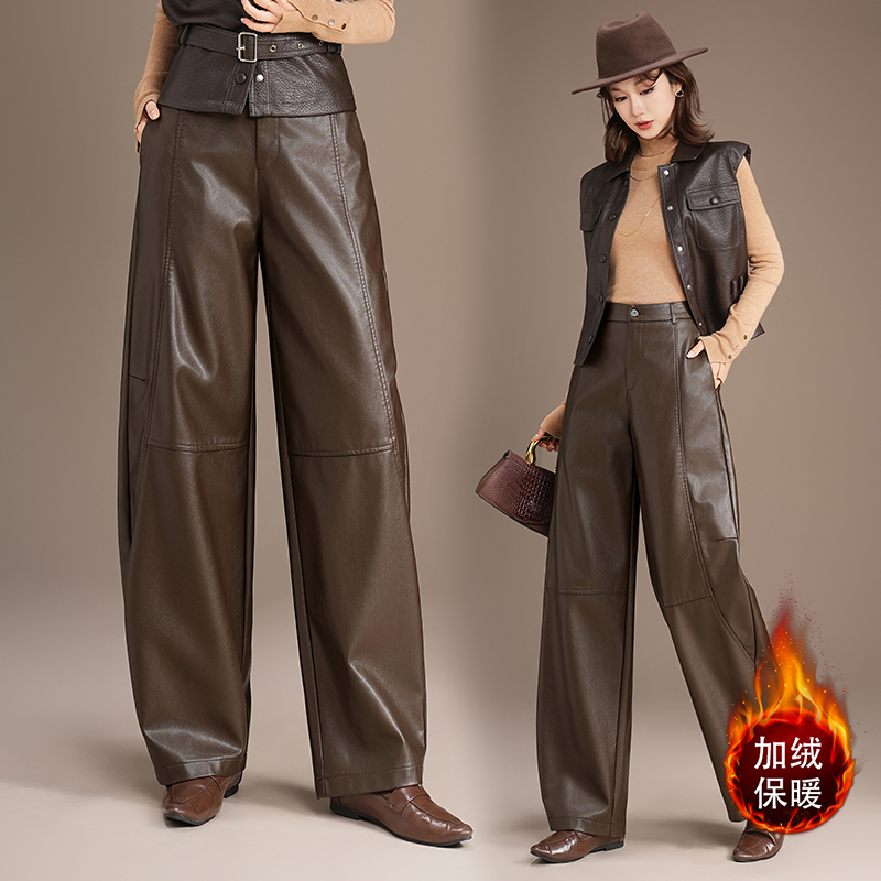 弯刀裤加绒保暖PU皮裤
