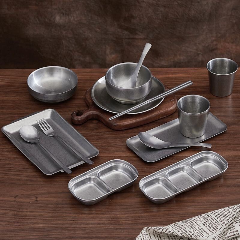 复古不锈钢餐具商用摆台碗碟套装