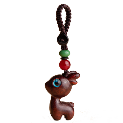 一路平安檀木小鹿钥匙扣挂件复古