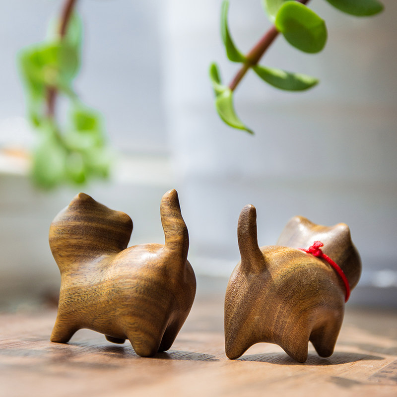 檀木小猫把玩摆件 手工迷你治愈室内桌面装饰 可爱萌宠生日礼物